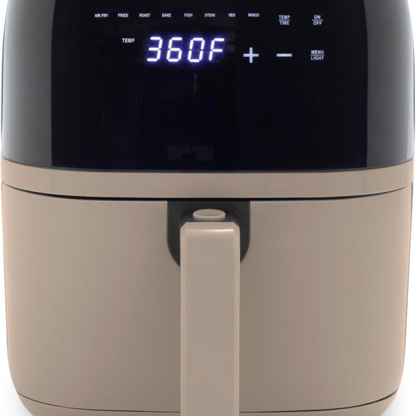 Compact Electric Air Fry Oven (5.3 Quarts) — Features PFAS-Free Ceramic Non-Stick Drawer Basket — 8 One-Touch Digital Presets — With Easy-View Window — Auto Shut-Off Timer — Dishwasher-Safe Removable Parts — 1500 Watts — Taupe