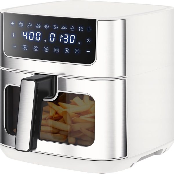6.34-Quart Air Fryer — 8-in-1 Multifunctional Air Fryer Oven (with Viewing Window), Rapid Heating up to 400°F, Non-Stick Fry Basket (Dishwasher Safe), Features Timer and Auto Shut-Off, Stainless Steel, White