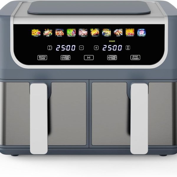 Dual-Basket Air Fryer (9.5 Quarts) — 10-in-1 Extra-Large Capacity Fryer; Equipped with ceramic crisping plates; Includes "Turn Food" reminder; Wide temperature range (80°F–450°F); Features modes for baking, defrosting, dehydrating, and roasting; Color: Gray