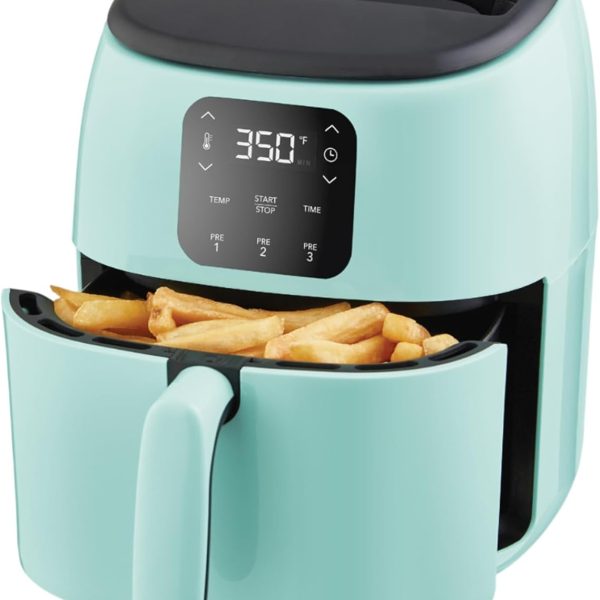 Air Fryer — 2.6-Quart Small, Compact Mini Fryer; Designed for favorites like french fries and chicken nuggets; Ideal for 1–2 people; Features automatic shut-off and temperature control; Dishwasher-safe components; Color: Aqua Blue