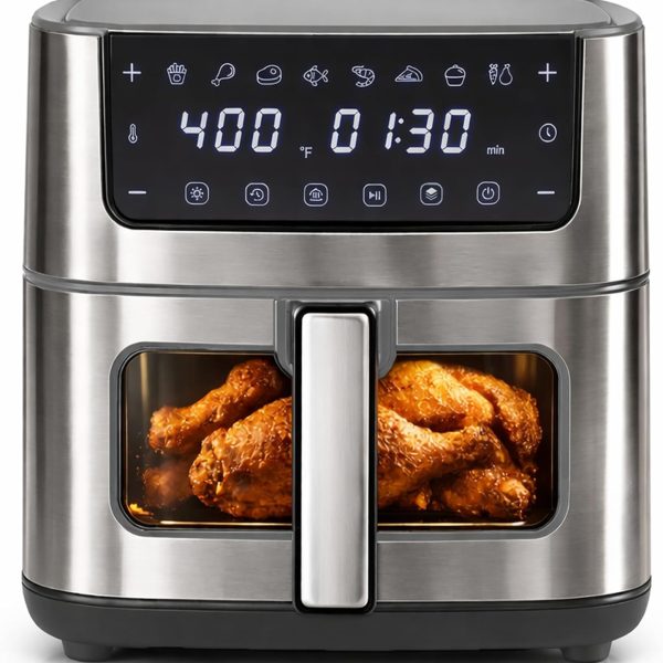 8-in-1 Air Fryer (6.34 Quarts) — Digital Presets with Viewing Window — Non-Stick, Dishwasher-Safe Basket — Modes: Air Fry, Chicken, Pizza, Dehydrate, Fries — 90-Minute Timer — 1700 Watts — Gray