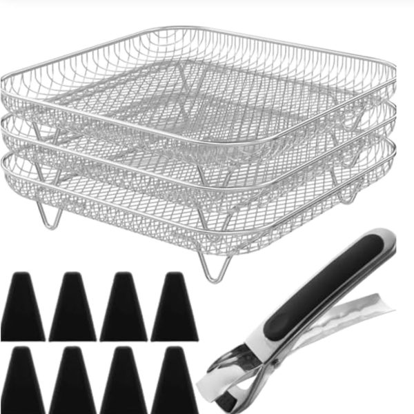 7.64-Inch Square Air Fryer Rack & Basket Set — 3-Tier Stackable Dehydrator Rack; a universal accessory for square air fryers (requires an internal cavity size > 7.64 inches); features a non-slip design and is easy to clean.