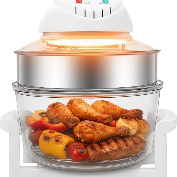 Glass Air Fryer: 17.96-Quart Extra-Large Capacity Air Fryer Oven—Halogen Turbo Heating Technology. 4-in-1 Multi-Cooker (Ideal for Families) with Viewing Window; Includes 2 Stainless Steel Racks and an Extender Ring; Non-Toxic Glass Construction; High-Capacity Design