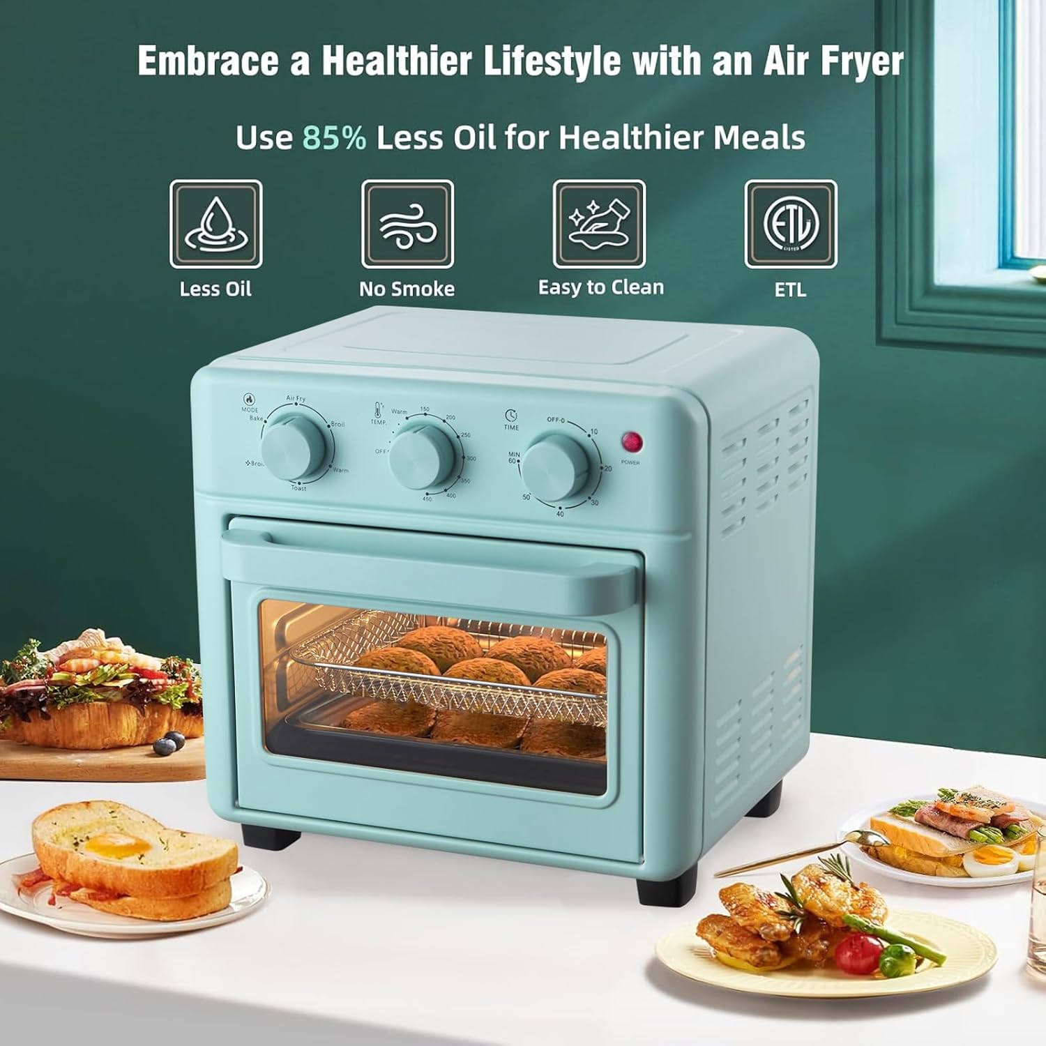 2-in-1 Air Fryer & Oven Combo: Retro-Style Countertop Convection Oven—16-Quart Compact Unit (Fits 4 Slices of Toast or a 9-Inch Pizza). Features Baking, Toasting, Broiling, and Air Frying Functions; Rapid-Heating Mini Traditional Oven; Non-Stick Coating; Blue Finish - Image 2