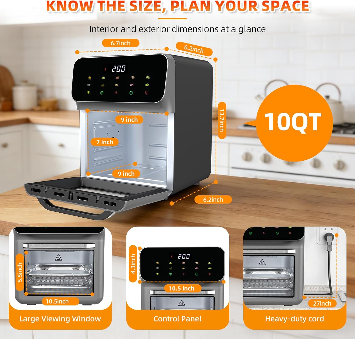 10-in-1 Air Fryer & Oven Combo: Countertop Convection Air Fryer Oven with Viewing Window (Ideal for Family Use). Features 60-Minute Timer, Digital LED Touchscreen, and Auto Shut-Off Function; Stainless Steel Construction - Image 2