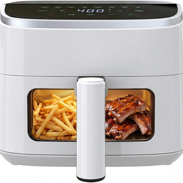 4-Quart Air Fryer with Viewing Window: 1500W Digital Control, featuring 8 preset modes, a 60-minute timer, and temperatures up to 400°F. Includes auto shut-off, a dishwasher-safe non-stick basket, and a "turn food" reminder function—an ideal choice for small kitchens.