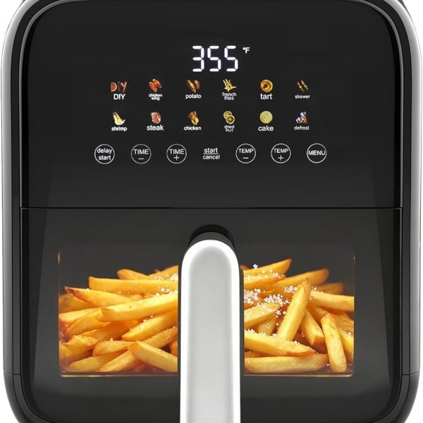 7.9-Quart Air Fryer with Transparent Viewing Window: 12-in-1 Air Fryer Oven, Square Design; Combines Air Frying, Roasting, Reheating, Dehydrating, Baking, and Steaming; Utilizes 400°F Rapid Air Crisp Technology — Black Model