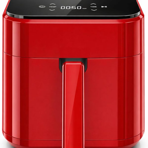 3.17-Quart Air Fryer with Transparent Viewing Window: Easy to operate, featuring a dishwasher-safe non-stick basket and a space-saving square design. This 5-in-1 appliance combines air frying, baking, reheating, dehydrating, and roasting functions, utilizing 400°F rapid air crisping technology. (Red Model)