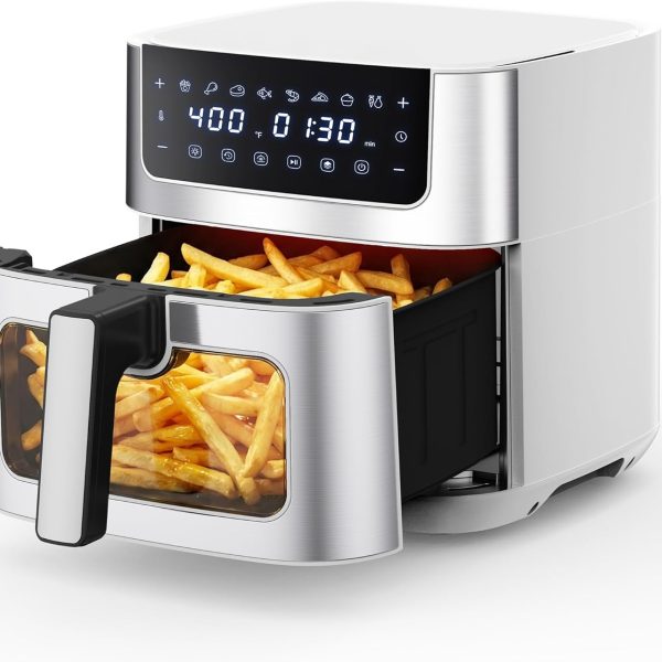Air Fryer (6.34 Quarts) — With Viewing Window — Rapid-Heating Air Fry Oven (Up to 400°F) — Features Non-Stick, Dishwasher-Safe Basket — 8-in-1 Cooking Presets — Includes Timer & Auto Shut-Off — Stainless Steel Finish — White