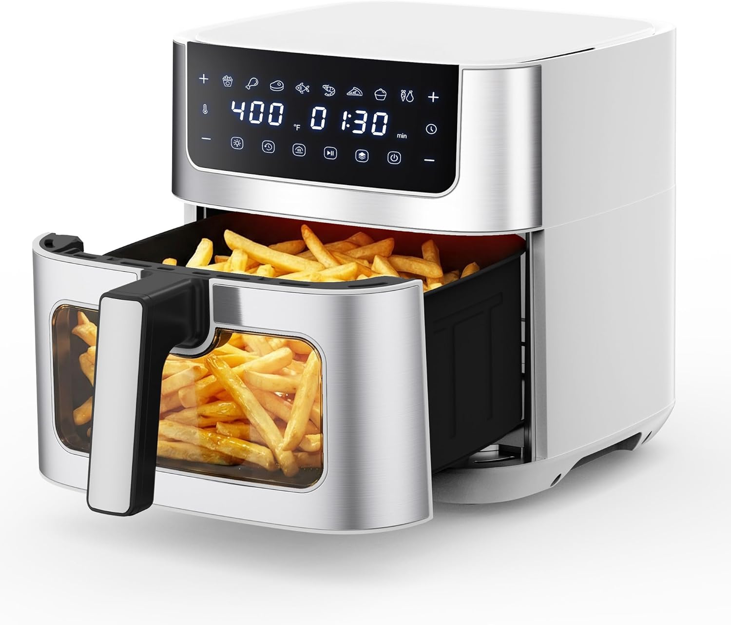 Air Fryer (6.34 Quarts) — With Viewing Window — Rapid-Heating Air Fry Oven (Up to 400°F) — Features Non-Stick, Dishwasher-Safe Basket — 8-in-1 Cooking Presets — Includes Timer & Auto Shut-Off — Stainless Steel Finish — White