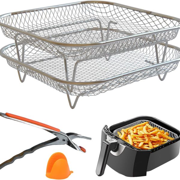 Double-Layer Air Fryer Rack Set (Includes High and Low Stands) — Features 304 Stainless Steel Mesh Baskets with a Square Design.