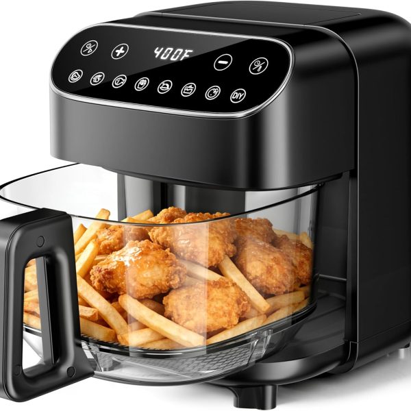 5-Quart Glass Air Fryer: BPA-Free, Non-Toxic Air Fryer with Digital Touch Controls. 1500W Portable Design; Dishwasher-Safe Basket; Reaches Temperatures Up to 400°F; Reduces Cooking Oil Usage by 95% (Black)