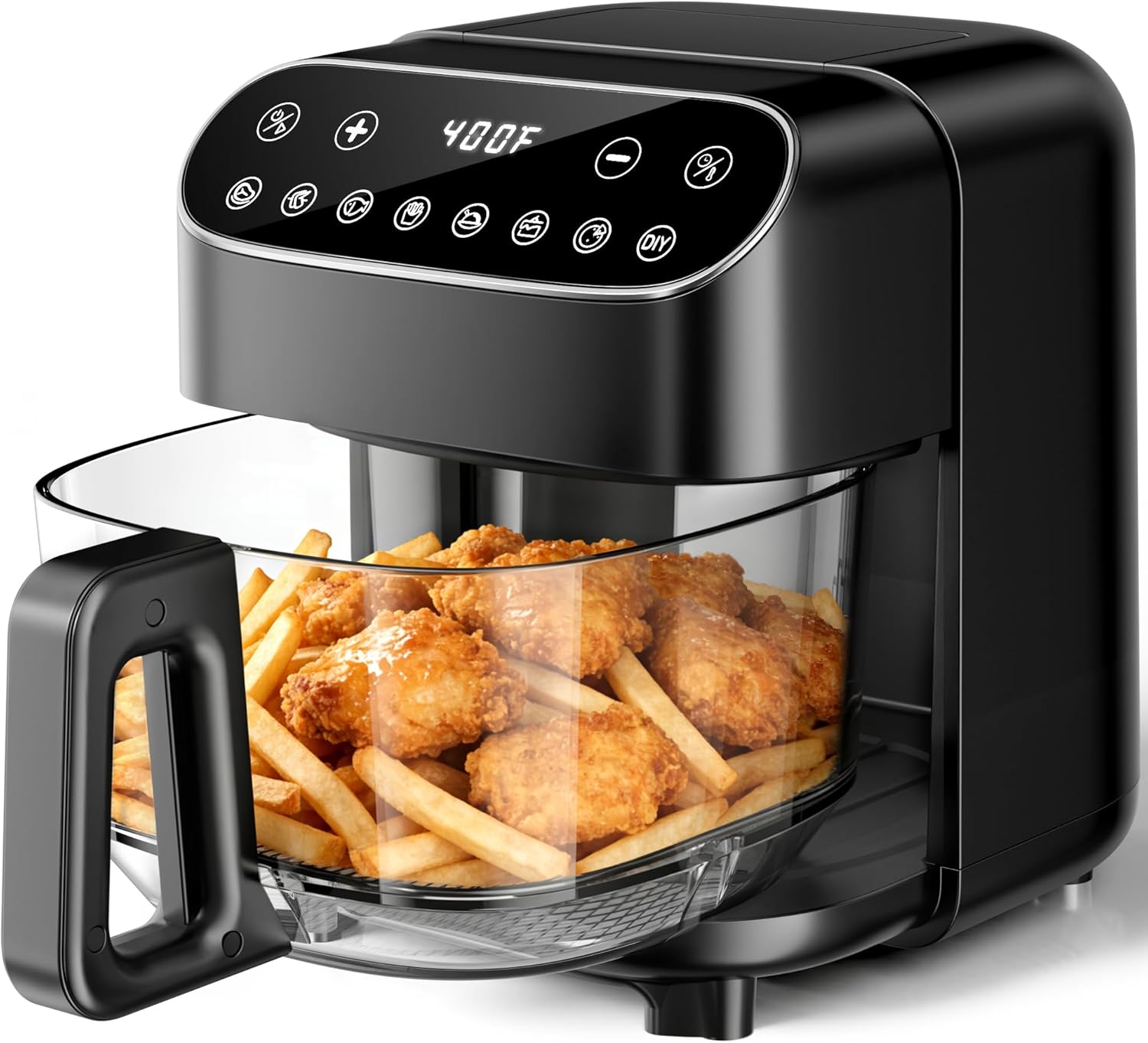 5-Quart Glass Air Fryer: BPA-Free, Non-Toxic Air Fryer with Digital Touch Controls. 1500W Portable Design; Dishwasher-Safe Basket; Reaches Temperatures Up to 400°F; Reduces Cooking Oil Usage by 95% (Black)