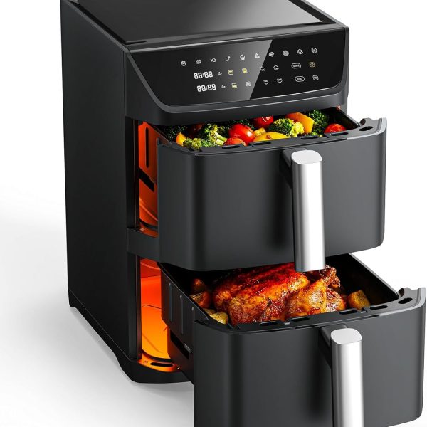 Dual-Basket Air Fryer — 12.6-Quart Extra-Large Family Capacity (Serves 10–12); Extra-large basket accommodates a whole 6-pound chicken; Compact, double-stacked design; 10-in-1 Multifunction (Includes Reheat, Dehydrate, and Sync Cook modes); Dishwasher-safe components; Color: Black