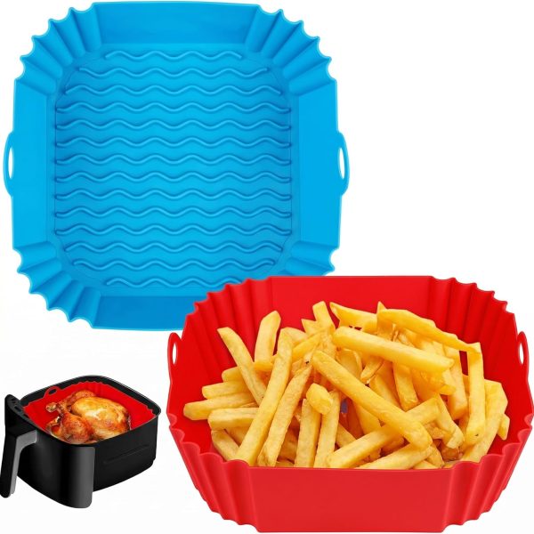Square Silicone Air Fryer Liners (2-Piece Set) — 8-Inch Reusable Cooking Containers — Air Fryer Accessories — Liners Suitable for 4–7 QT Capacity Fryers; Also Usable as Oven and Microwave Accessories (Red + Blue Color Scheme)