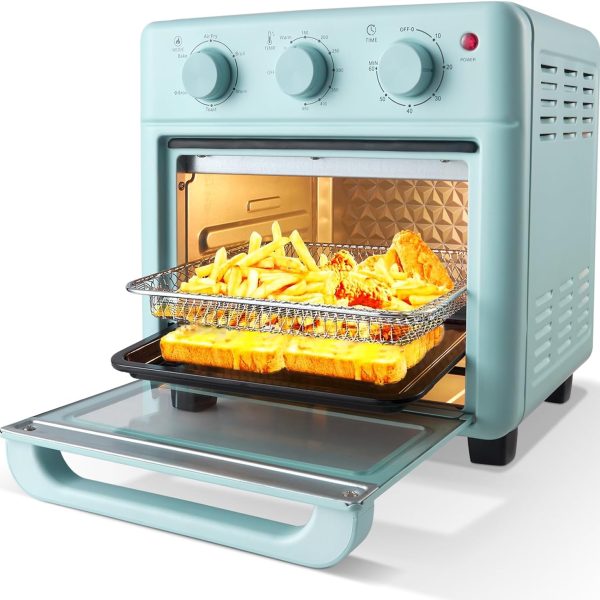 2-in-1 Air Fryer & Oven Combo: Retro-Style Countertop Convection Oven—16-Quart Compact Unit (Fits 4 Slices of Toast or a 9-Inch Pizza). Features Baking, Toasting, Broiling, and Air Frying Functions; Rapid-Heating Mini Traditional Oven; Non-Stick Coating; Blue Finish