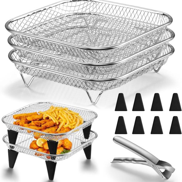7.72-Inch Square Air Fryer Rack & Basket Set — 3-Tier Stackable Stainless Steel Basket Accessory, specifically designed for baking and cooking; includes an anti-scald clip and non-slip silicone feet; suitable for use in ovens and dishwasher-safe.