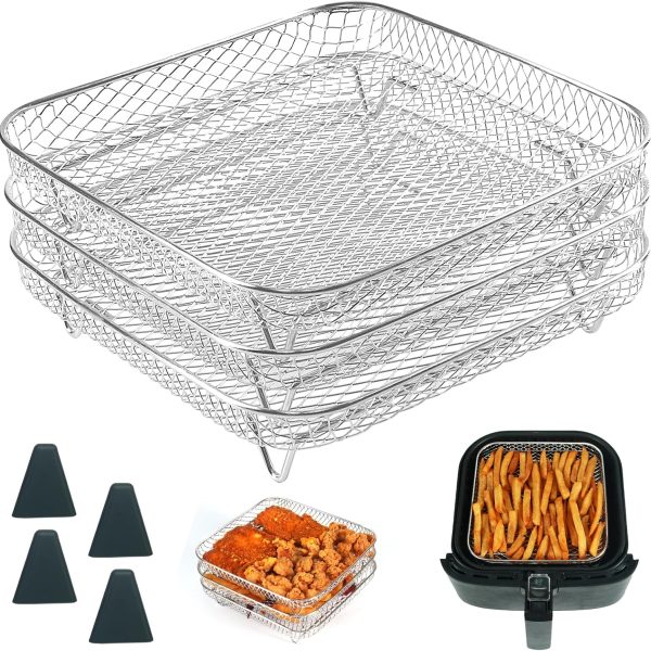 8-Inch Square Air Fryer Rack — 3-Tier Stackable Stainless Steel Dehydrator Rack (Air-Drying Rack), featuring non-slip silicone feet at the base; a universal accessory for square air fryers.